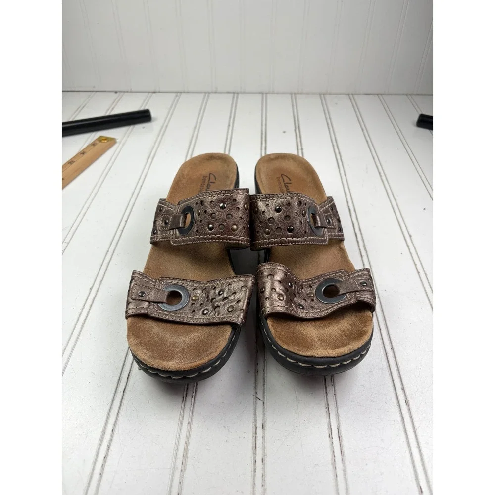 Clarks Lexi Laurel Brown Leather Slide Sandals Comfort Women's Size 8M